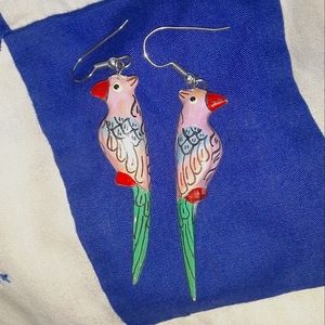 Rare Handcarved hand-painted wooden Mexican style parrot bird dangle earrings